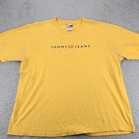 Tommy Jeans Shirt Mens XXL Yellow Embroidered Vintage 90s Y2K Short Sleeve - Picture 1 of 8